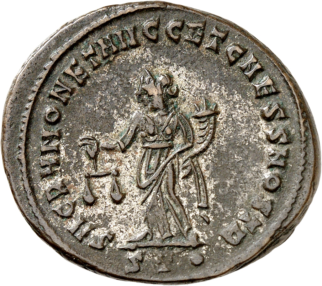 RIC VI Ticinum 45a Maximian reverse, Moneta, draped, standing left, holding scales in right hand and cornucopiae in left hand