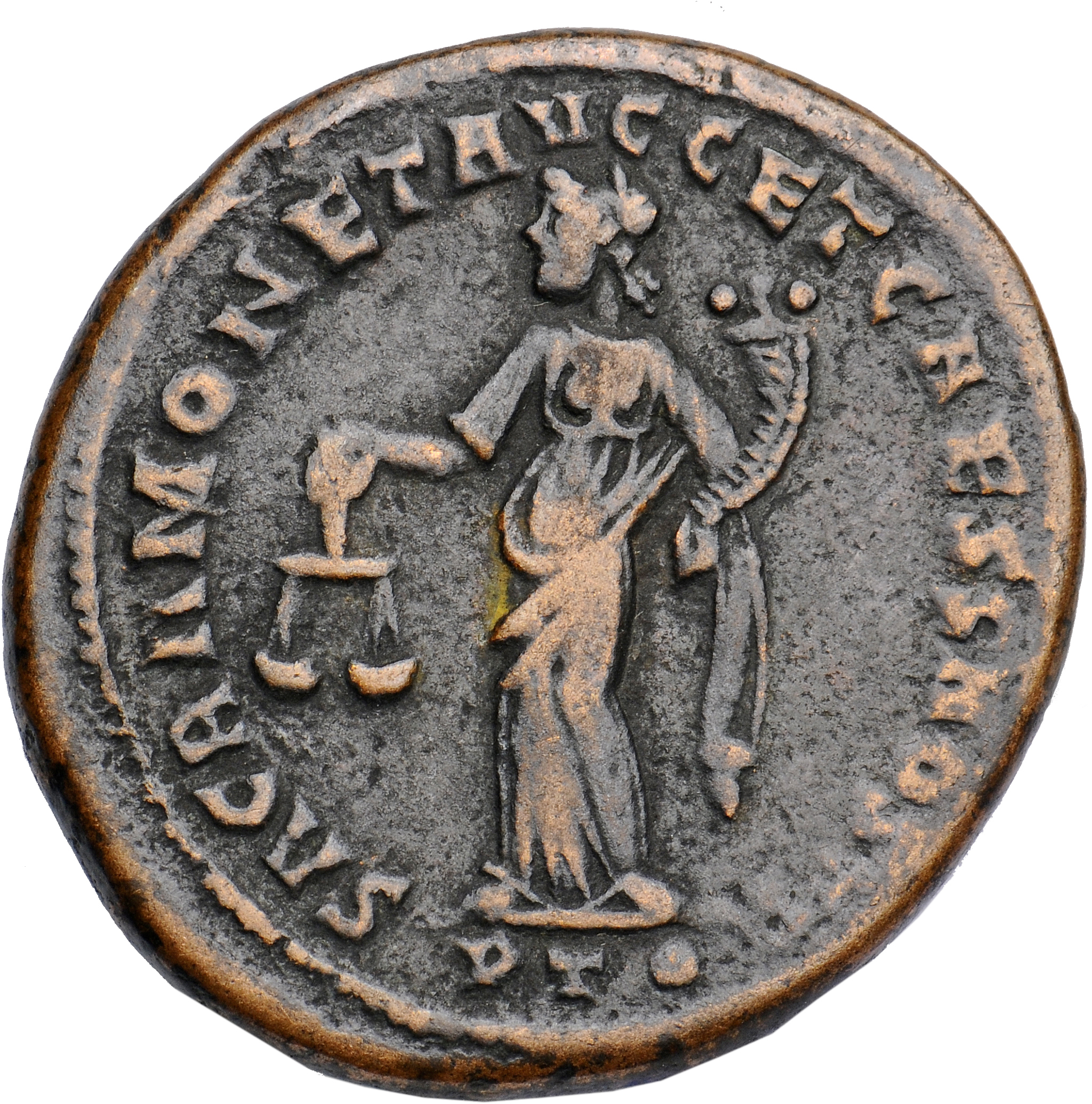 RIC VI Ticinum 45b Maximian reverse, Moneta, draped, standing left, holding scales in right hand and cornucopiae in left hand