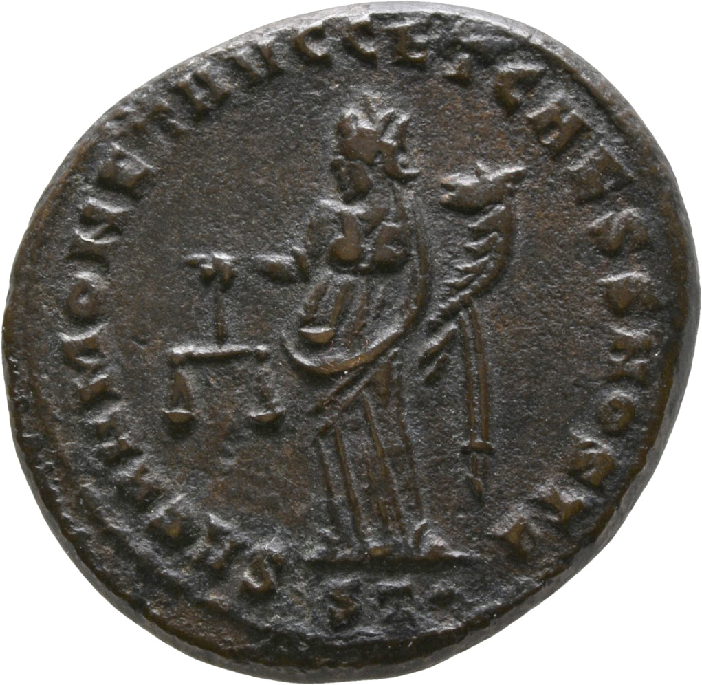 RIC VI Ticinum 45b Maximian reverse, Moneta, draped, standing left, holding scales in right hand and cornucopiae in left hand