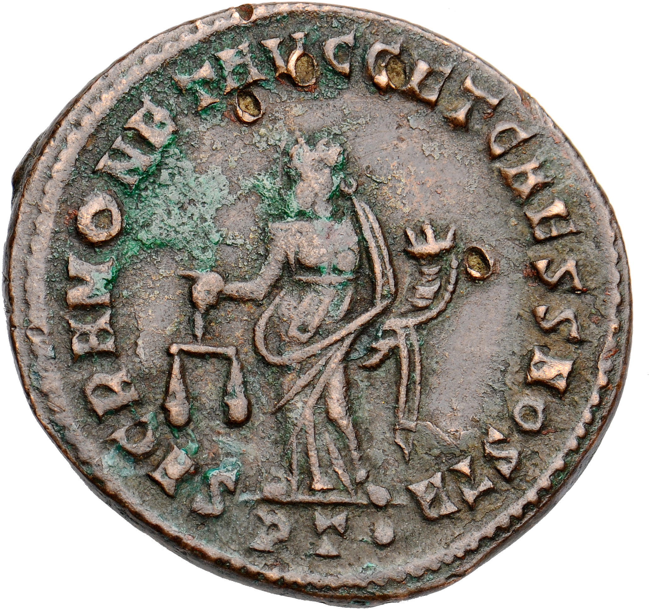 RIC VI Ticinum 46a Maximian reverse, Moneta, draped, standing left, holding scales in right hand and cornucopiae in left hand