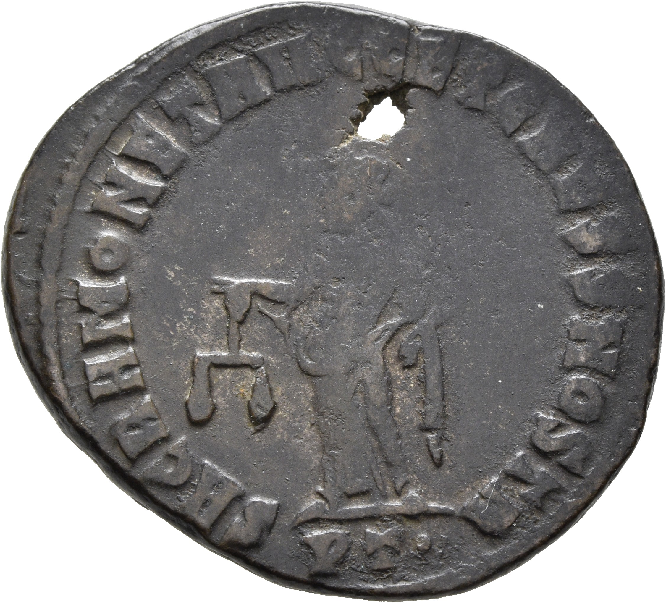 RIC VI Ticinum 46a Maximian reverse, Moneta, draped, standing left, holding scales in right hand and cornucopiae in left hand