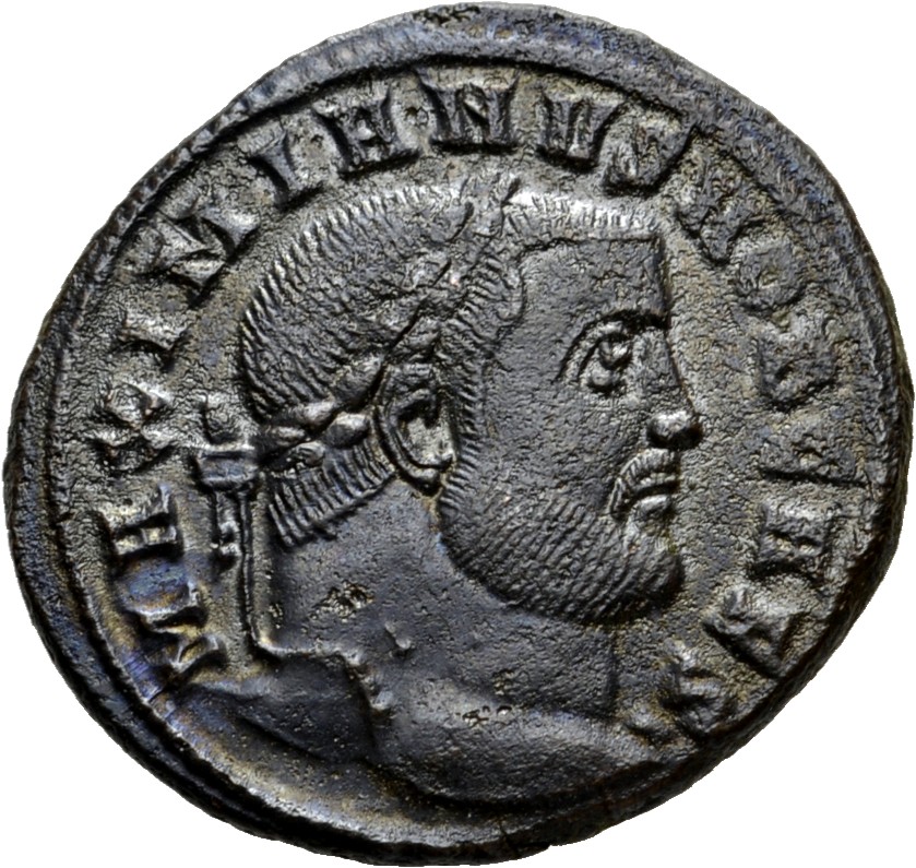 RIC VI Ticinum 46b Maximian obverse, Head of Galerius, laureate, right