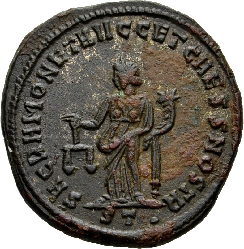 RIC VI Ticinum 46b Maximian reverse, Moneta, draped, standing left, holding scales in right hand and cornucopiae in left hand