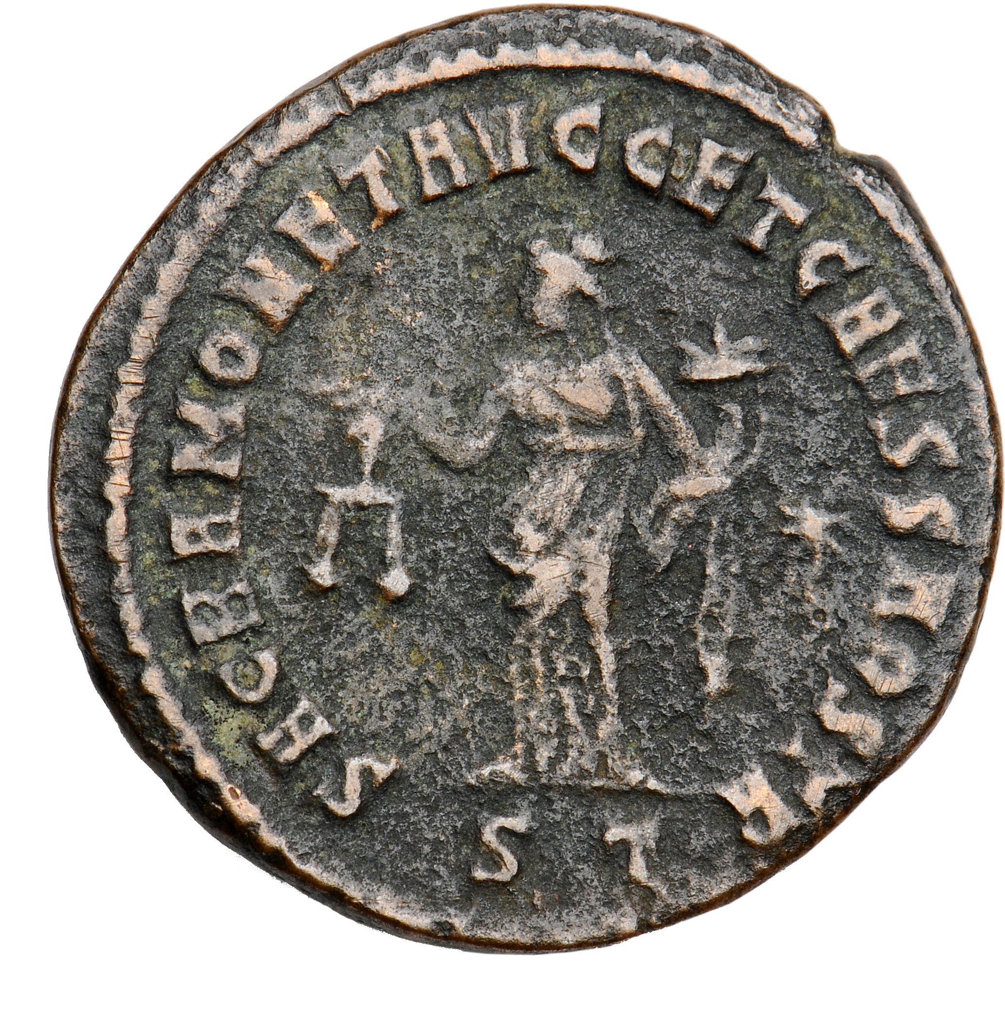 RIC VI Ticinum 47a Maximian reverse, Moneta, draped, standing left, holding scales in right hand and cornucopiae in left hand