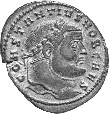 RIC VI Ticinum 48a Maximian obverse, Head of Constantius Chlorus, laureate, right