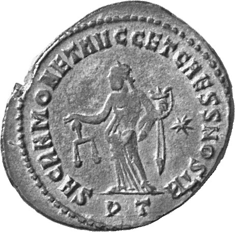RIC VI Ticinum 48a Maximian reverse, Moneta, draped, standing left, holding scales in right hand and cornucopiae in left hand