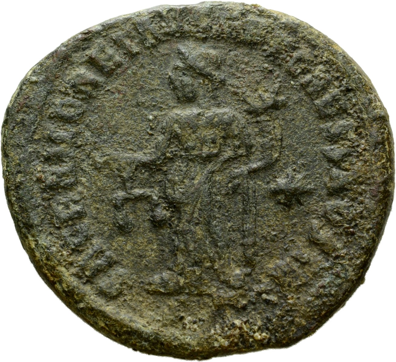 RIC VI Ticinum 48b Maximian reverse, Moneta, draped, standing left, holding scales in right hand and cornucopiae in left hand
