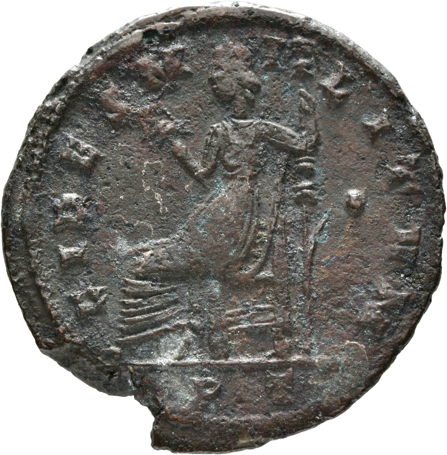 RIC VI Ticinum 55b Constantius Chlorus reverse — Fides, draped, seated left, holding standard in each hand