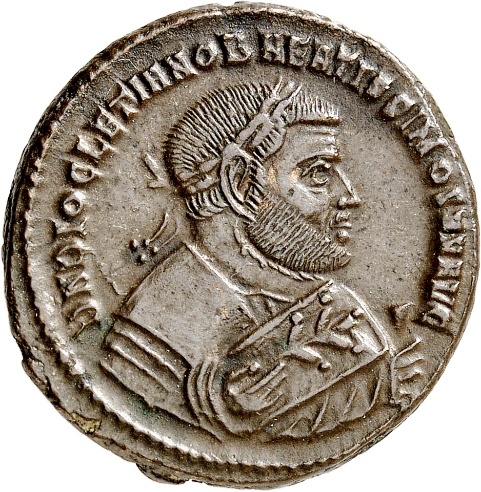 RIC VI Ticinum 56a Constantius Chlorus obverse, Bust of Diocletian, laureate, wearing imperial mantle, right, holding oliv...