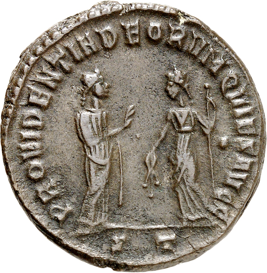 RIC VI Ticinum 56a Constantius Chlorus reverse, Providentia, draped, standing right, extending right hand to Quies; Quies,...