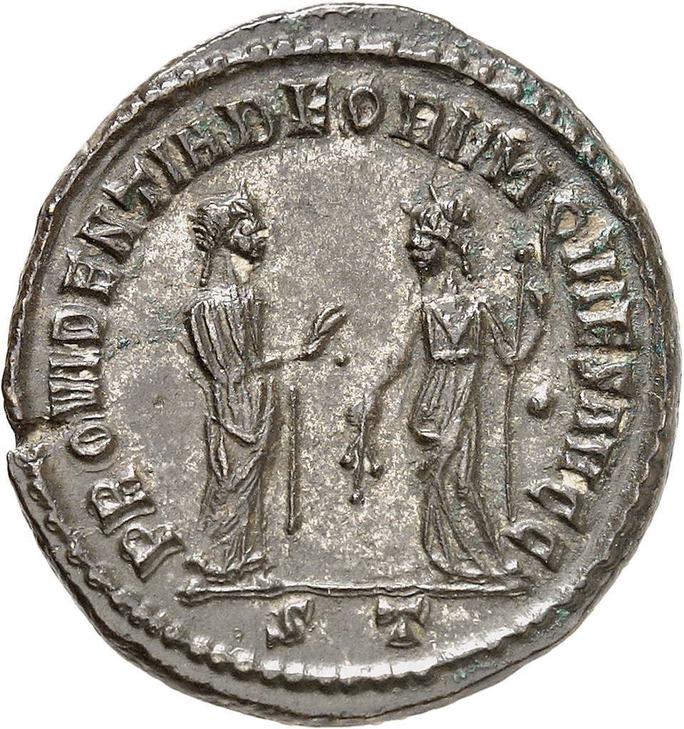 RIC VI Ticinum 56b Constantius Chlorus reverse, Providentia, draped, standing right, extending right hand to Quies; Quies,...
