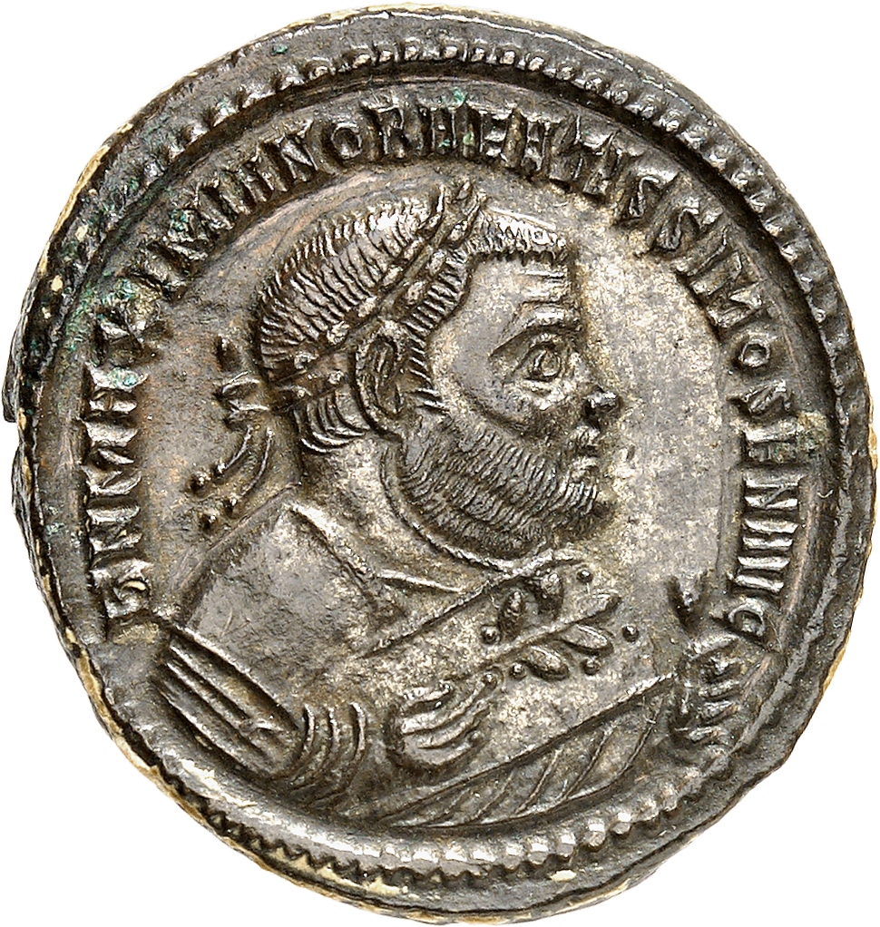 RIC VI Ticinum 56b Constantius Chlorus obverse, Bust of Maximian laureate, wearing imperial mantle, right, holding olive b...