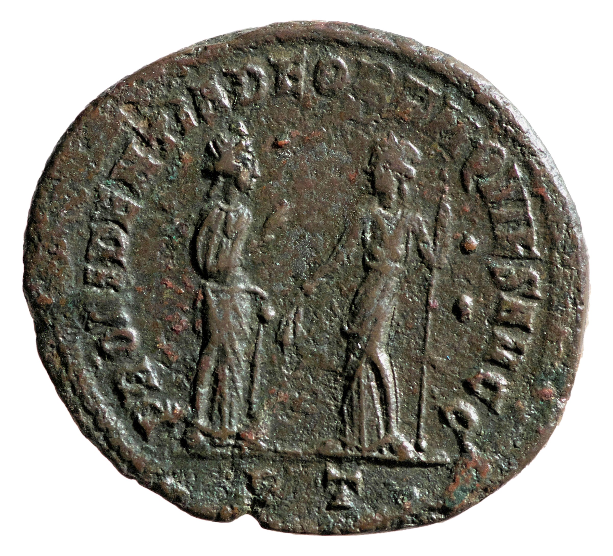 RIC VI Ticinum 57a Constantius Chlorus reverse, Providentia, draped, standing right, extending right hand to Quies; Quies,...