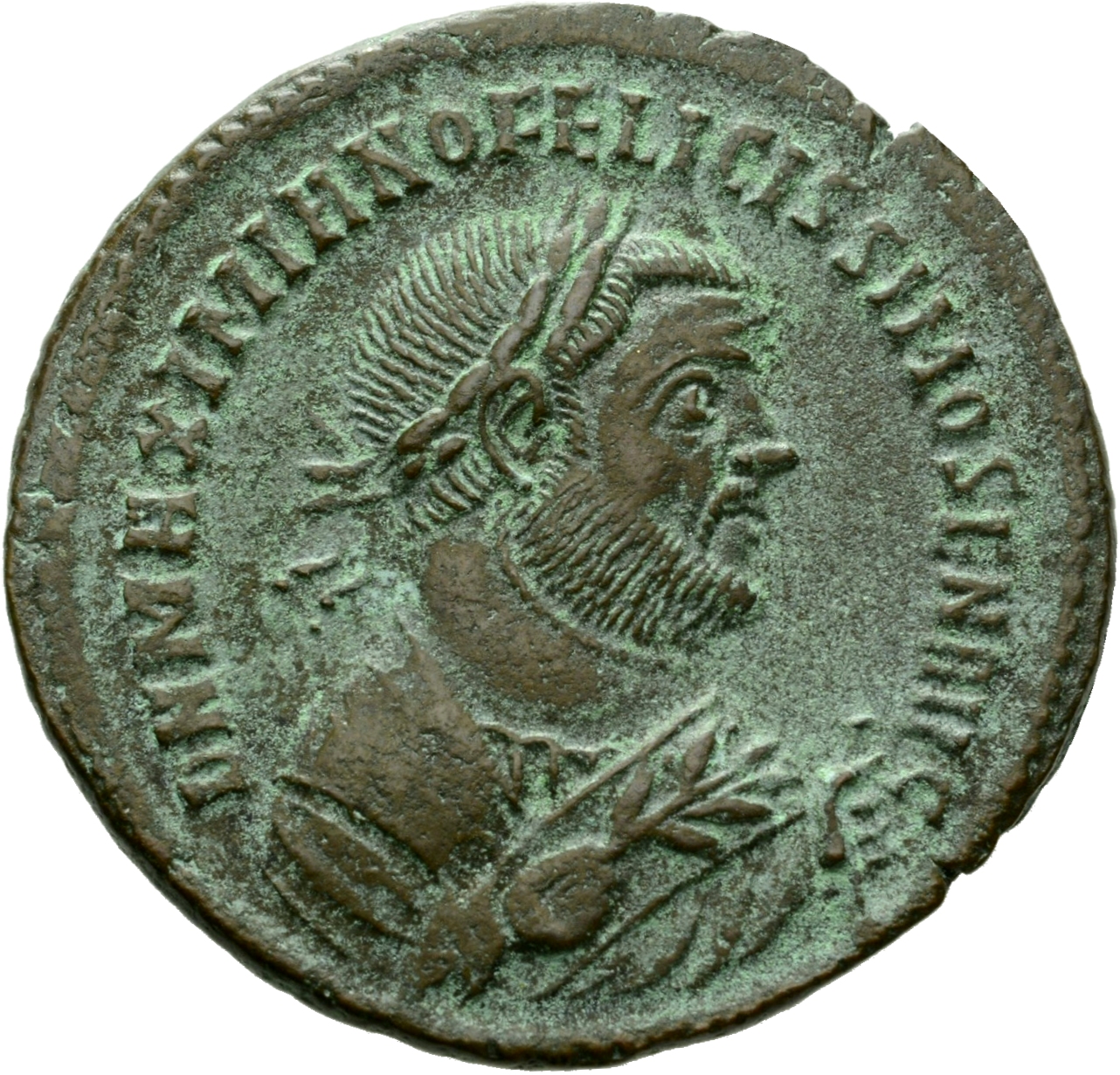 RIC VI Ticinum 57b Constantius Chlorus obverse, Bust of Maximian laureate, wearing imperial mantle, right, holding olive b...