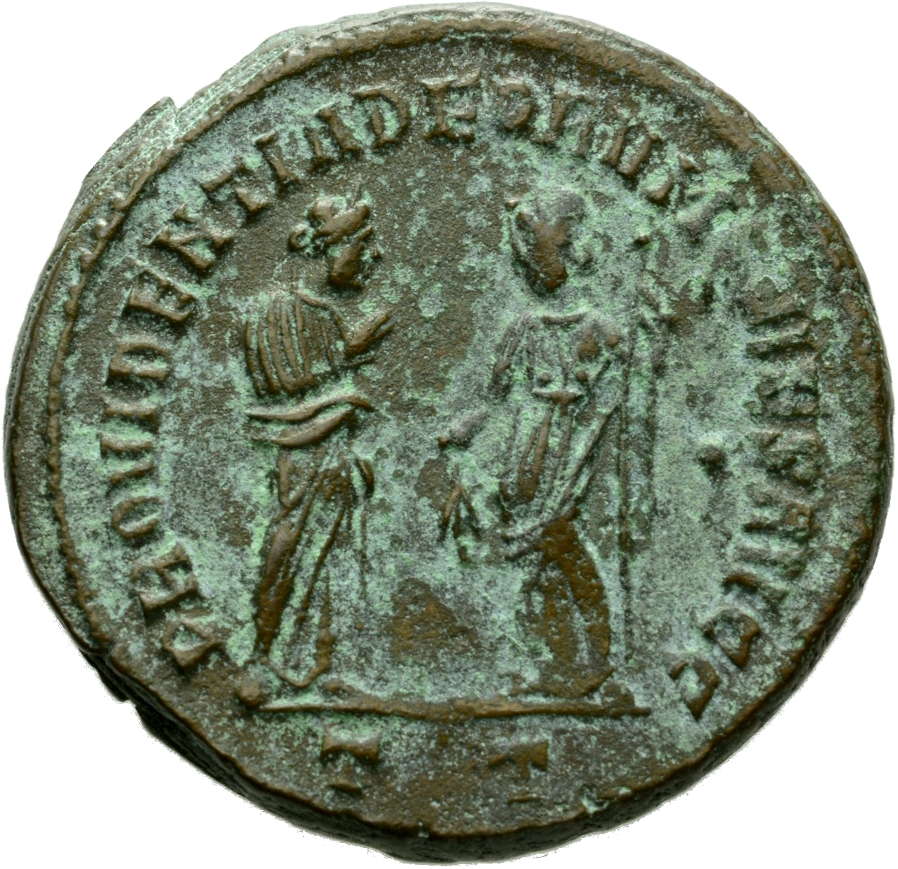 RIC VI Ticinum 57b Constantius Chlorus reverse, Providentia, draped, standing right, extending right hand to Quies; Quies,...