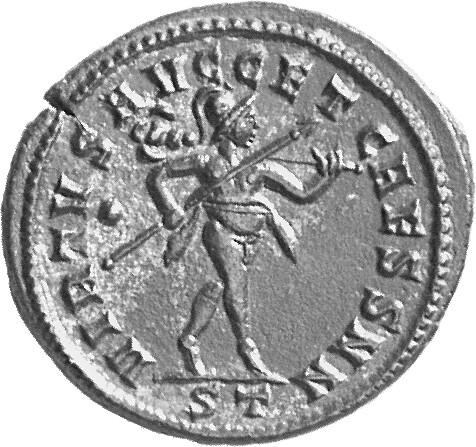 RIC VI Ticinum 58a Constantius Chlorus reverse, Mars, helmeted, advancing right, holding transverse spear in right hand an...