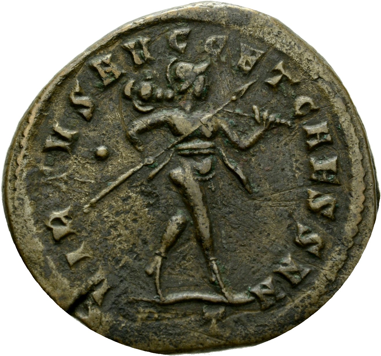 RIC VI Ticinum 58b Constantius Chlorus reverse, Mars, helmeted, advancing right, holding transverse spear in right hand an...