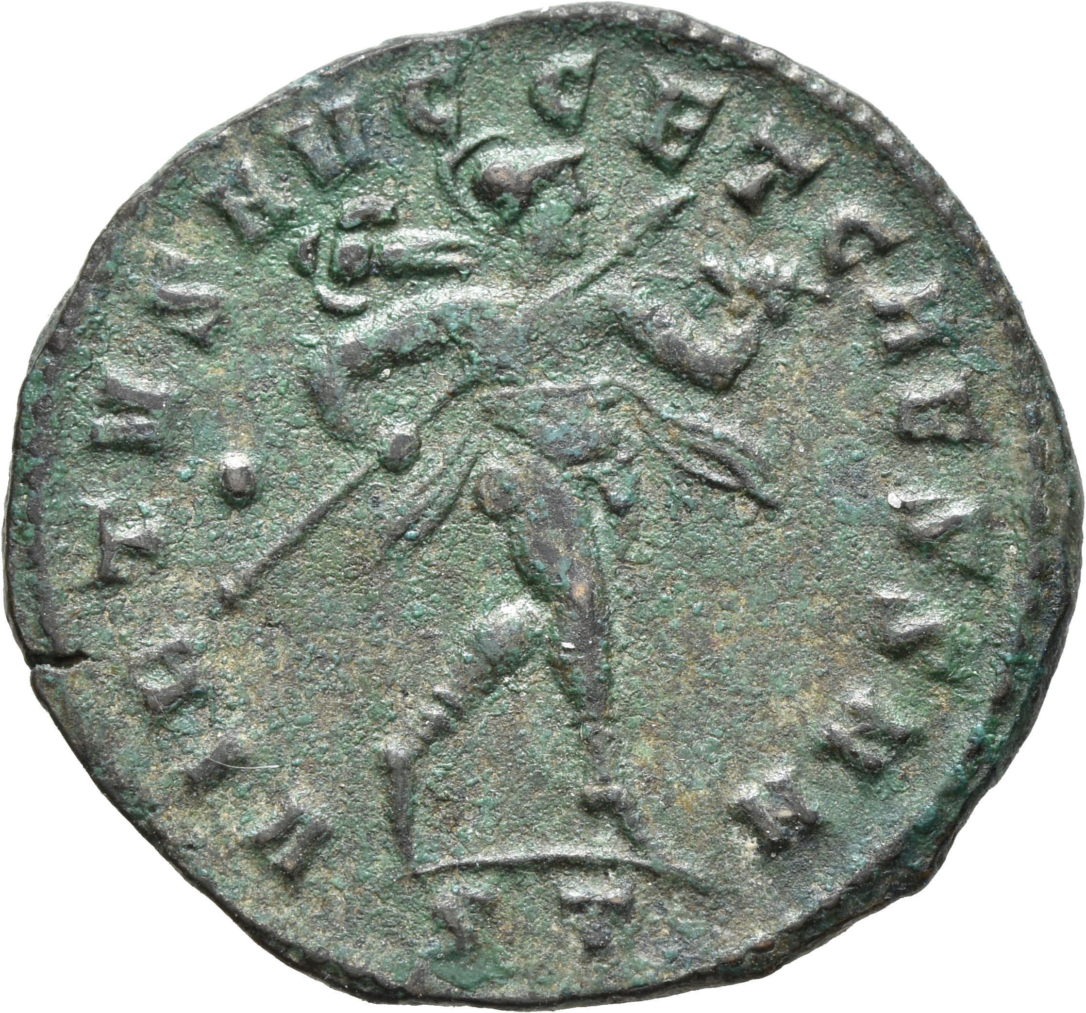 RIC VI Ticinum 58b Constantius Chlorus reverse, Mars, helmeted, advancing right, holding transverse spear in right hand an...