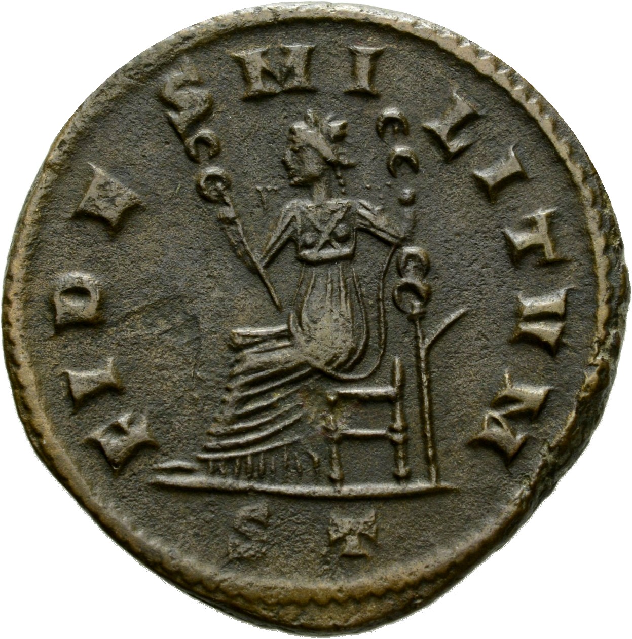 RIC VI Ticinum 59b Constantius Chlorus reverse, Fides, draped, seated left, holding standard in each hand