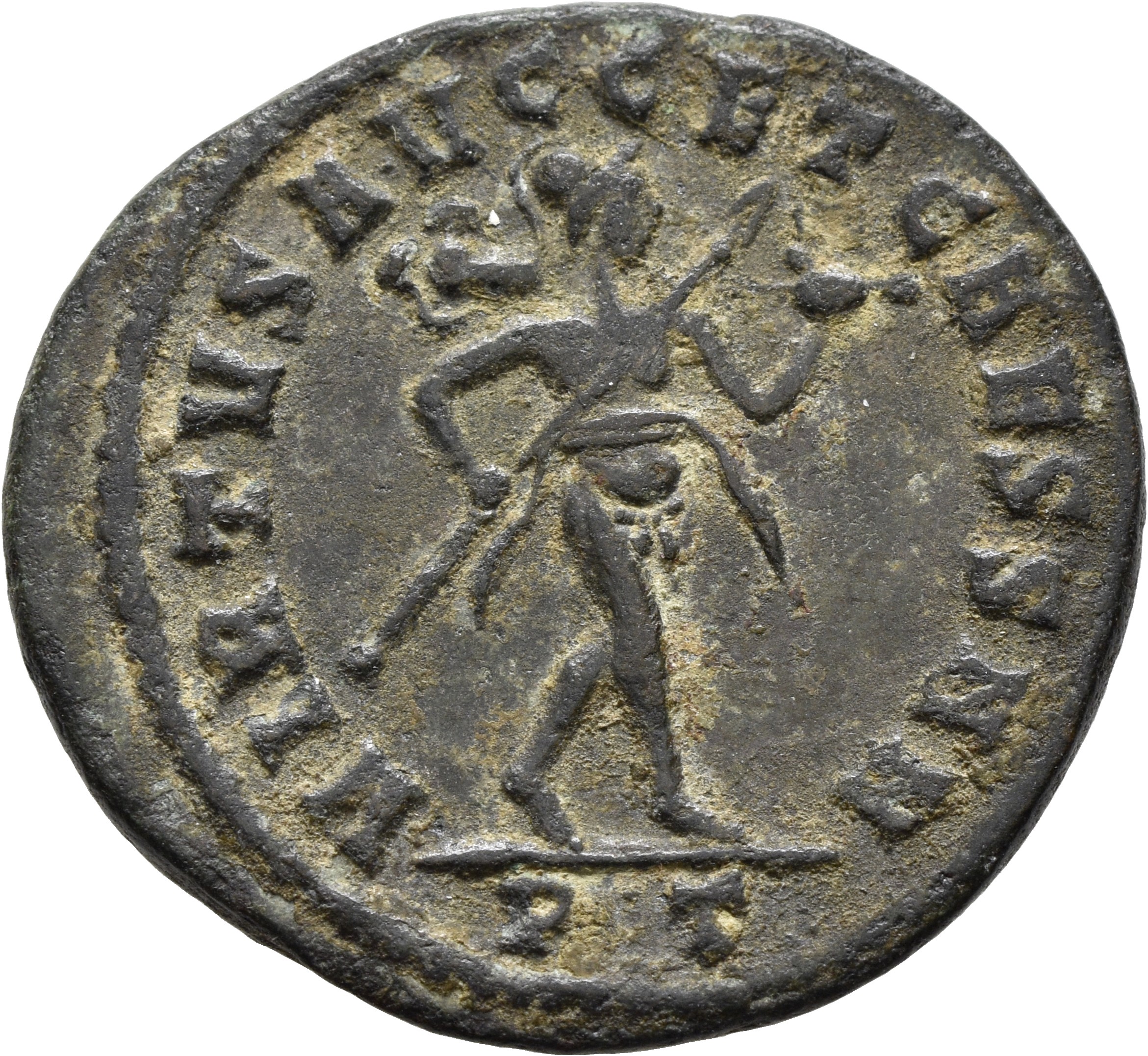 RIC VI Ticinum 60a Constantius Chlorus reverse, Mars, helmeted, advancing right, holding transverse spear in right hand an...