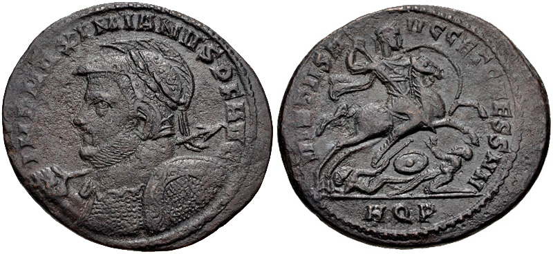 RIC VI Ticinum 66b Severus II obverse, Bust of Maximian laureate, wearing imperial mantle, right, holding olive branch in ...