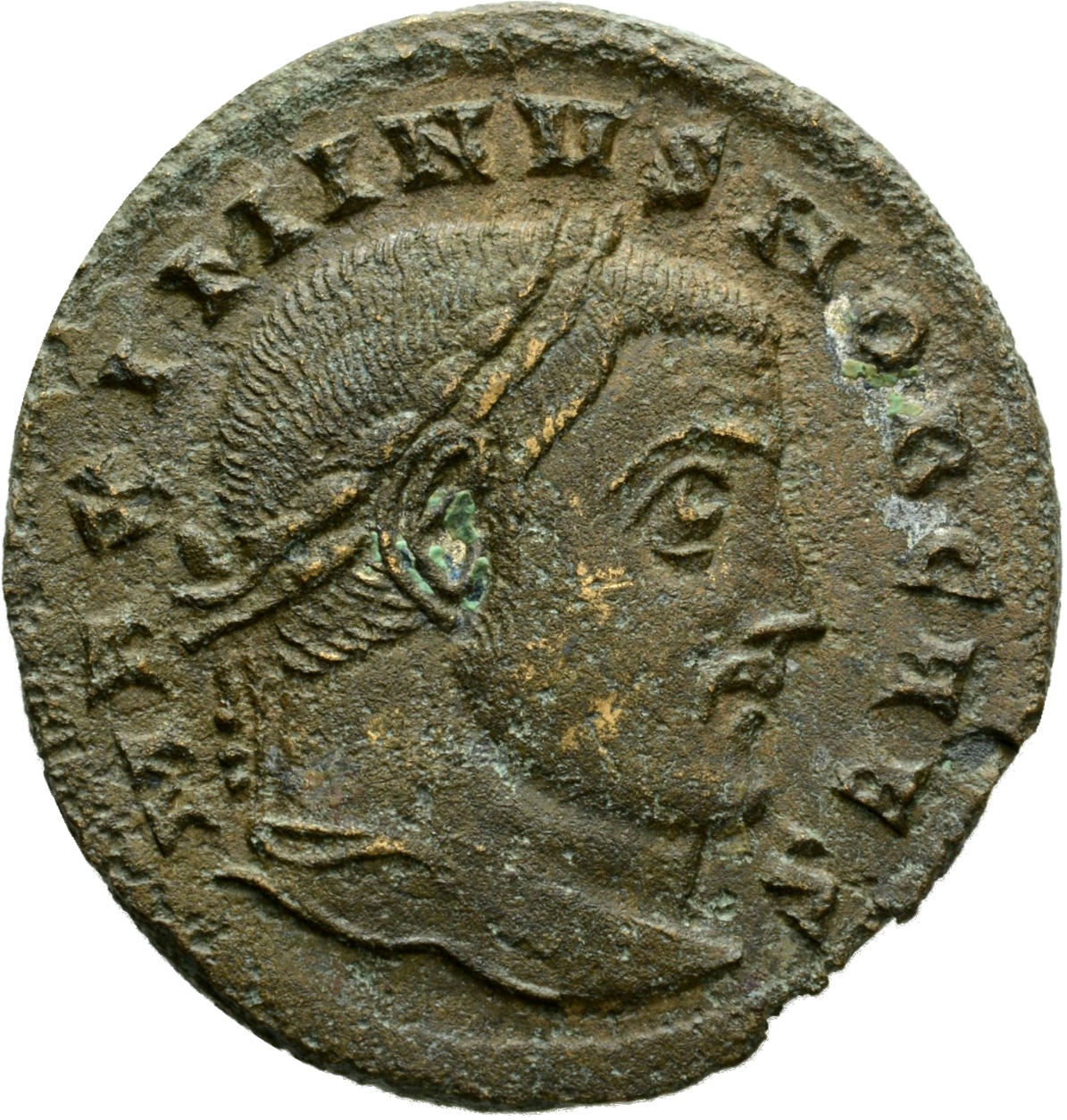 RIC VI Ticinum 74 Severus II obverse, Head of Maximinus Daia, laureate, right