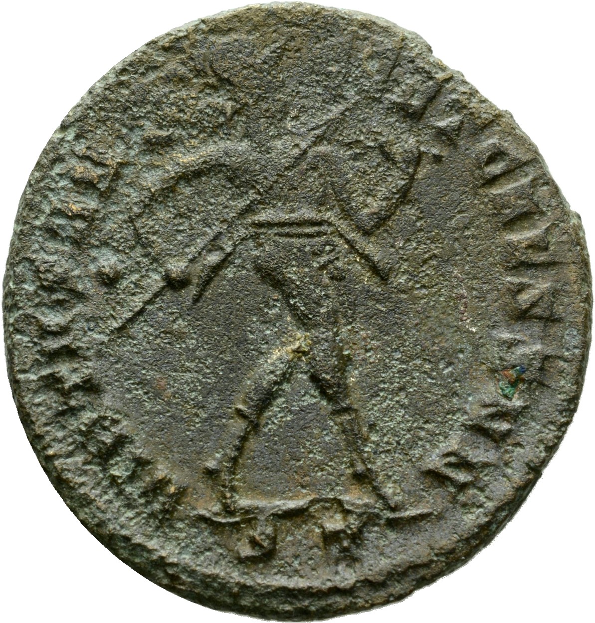 RIC VI Ticinum 74 Severus II reverse, Mars, helmeted, advancing right, holding transverse spear in right hand and trophy o...