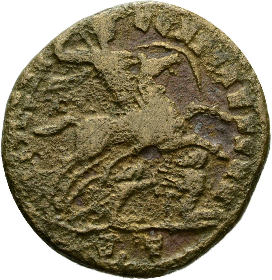 RIC VI Ticinum 82 Severus II reverse, Constantine I, draped, cuirassed, galloping right, spearing kneeling enemy with righ...