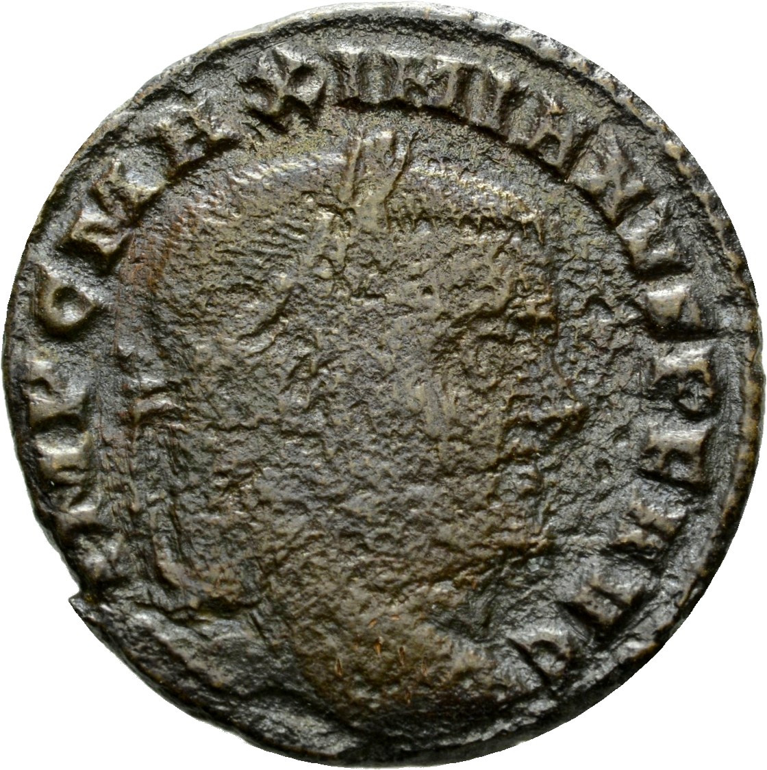 RIC VI Ticinum 84b Maxentius obverse, Head of Maximian, laureate, right