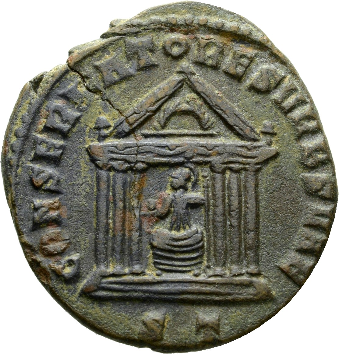 RIC VI Ticinum 84b Maxentius reverse, Roma, draped, seated front, head left, in hexastyle temple, holding globe in right h...