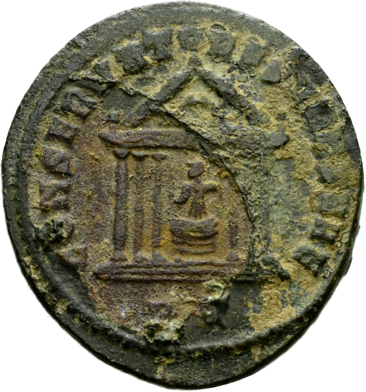 RIC VI Ticinum 84b Maxentius reverse — Roma, draped, seated front, head left, in hexastyle temple, holding globe in right ...