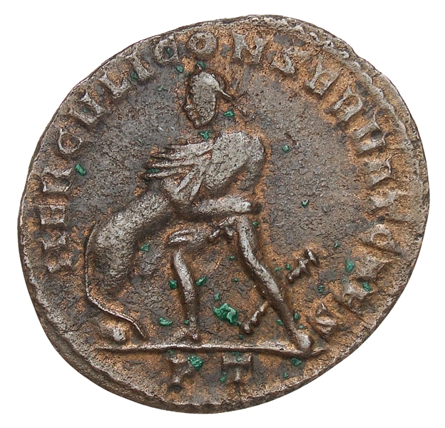 RIC VI Ticinum 87 Maxentius reverse, Hercules, standing left, fighting lion; to right, club