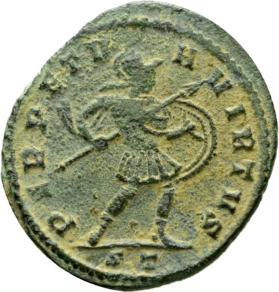 RIC VI Ticinum 88 Maxentius reverse, Mars, helmeted, advancing right, holding transverse spear in right hand and shield in...
