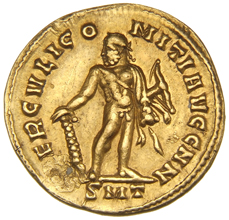RIC VI Ticinum 89 Maxentius reverse, Hercules, standing front, head left, leaning on club with right hand and holding bow ...