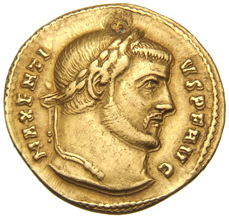 RIC VI Ticinum 89 Maxentius obverse, Head of Maxentius, laureate, right