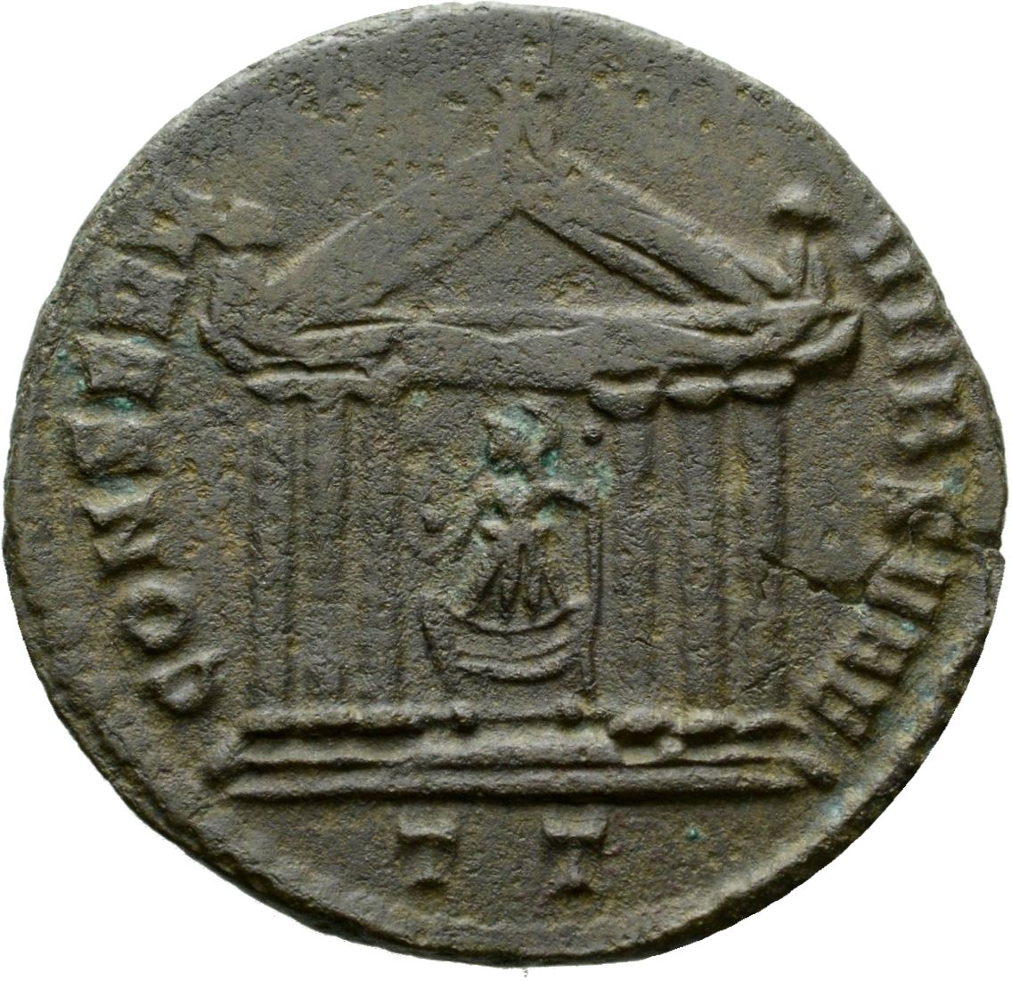 RIC VI Ticinum 91 Maxentius reverse, Roma, draped, seated front, head left, in hexastyle temple, holding globe in right ha...