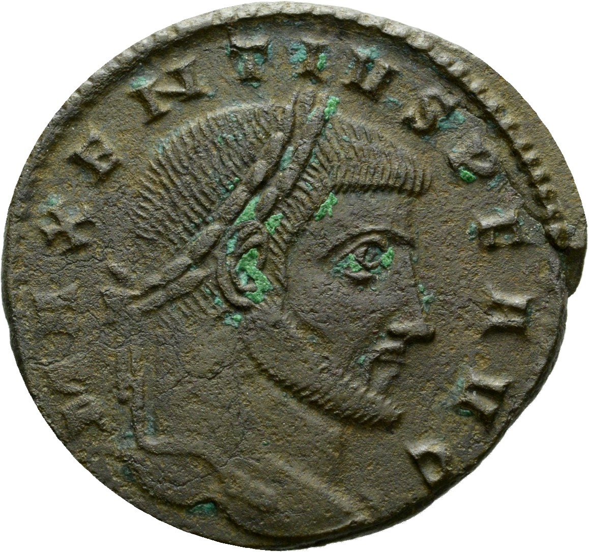 RIC VI Ticinum 91 Maxentius obverse, Head of Maxentius, laureate, right