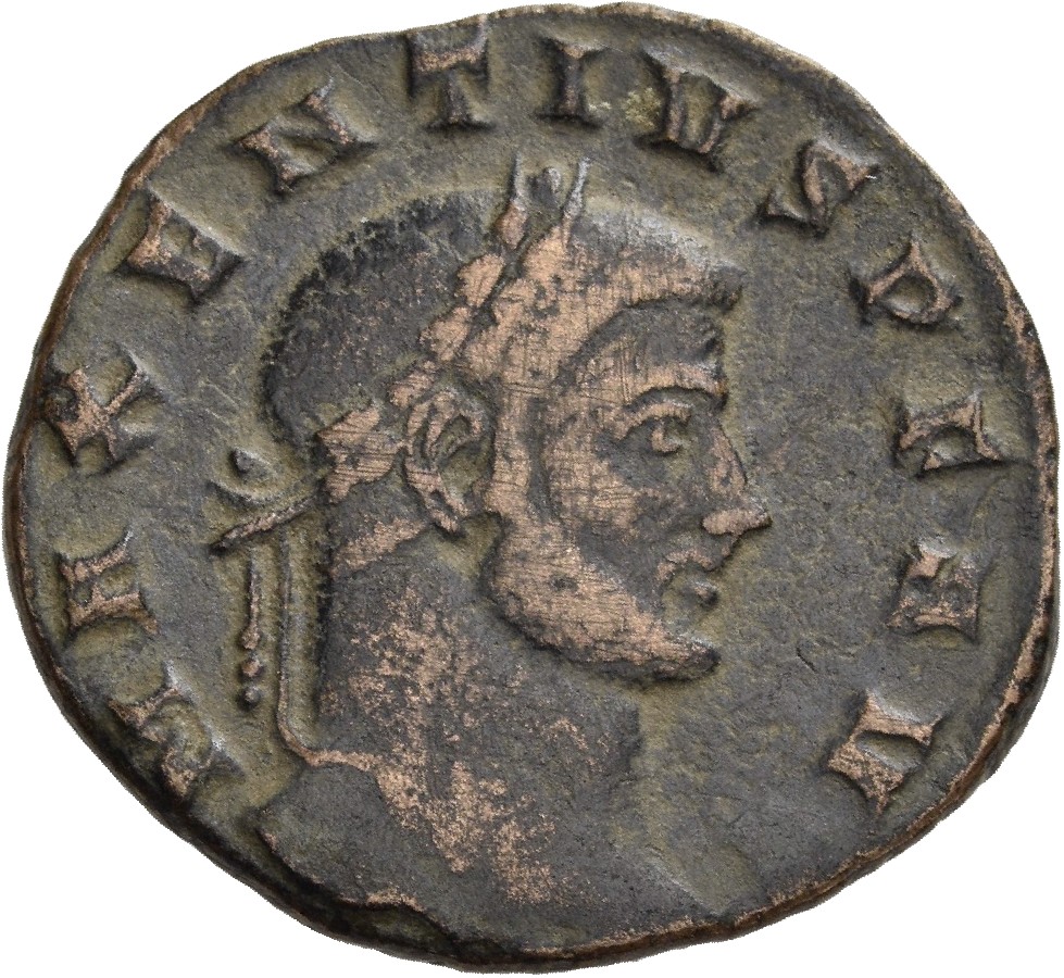 RIC VI Ticinum 91 Maxentius obverse, Head of Maxentius, laureate, right