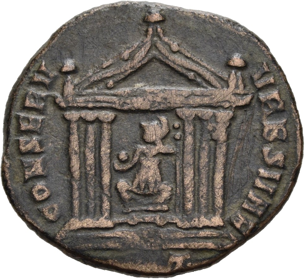 RIC VI Ticinum 91 Maxentius reverse, Roma, draped, seated front, head left, in hexastyle temple, holding globe in right ha...