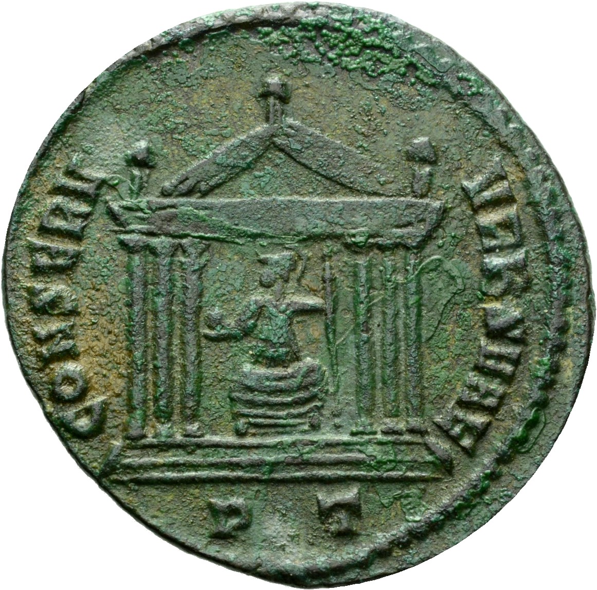 RIC VI Ticinum 92 Maxentius reverse, Roma, draped, seated front, head left, in hexastyle temple, holding globe in right ha...
