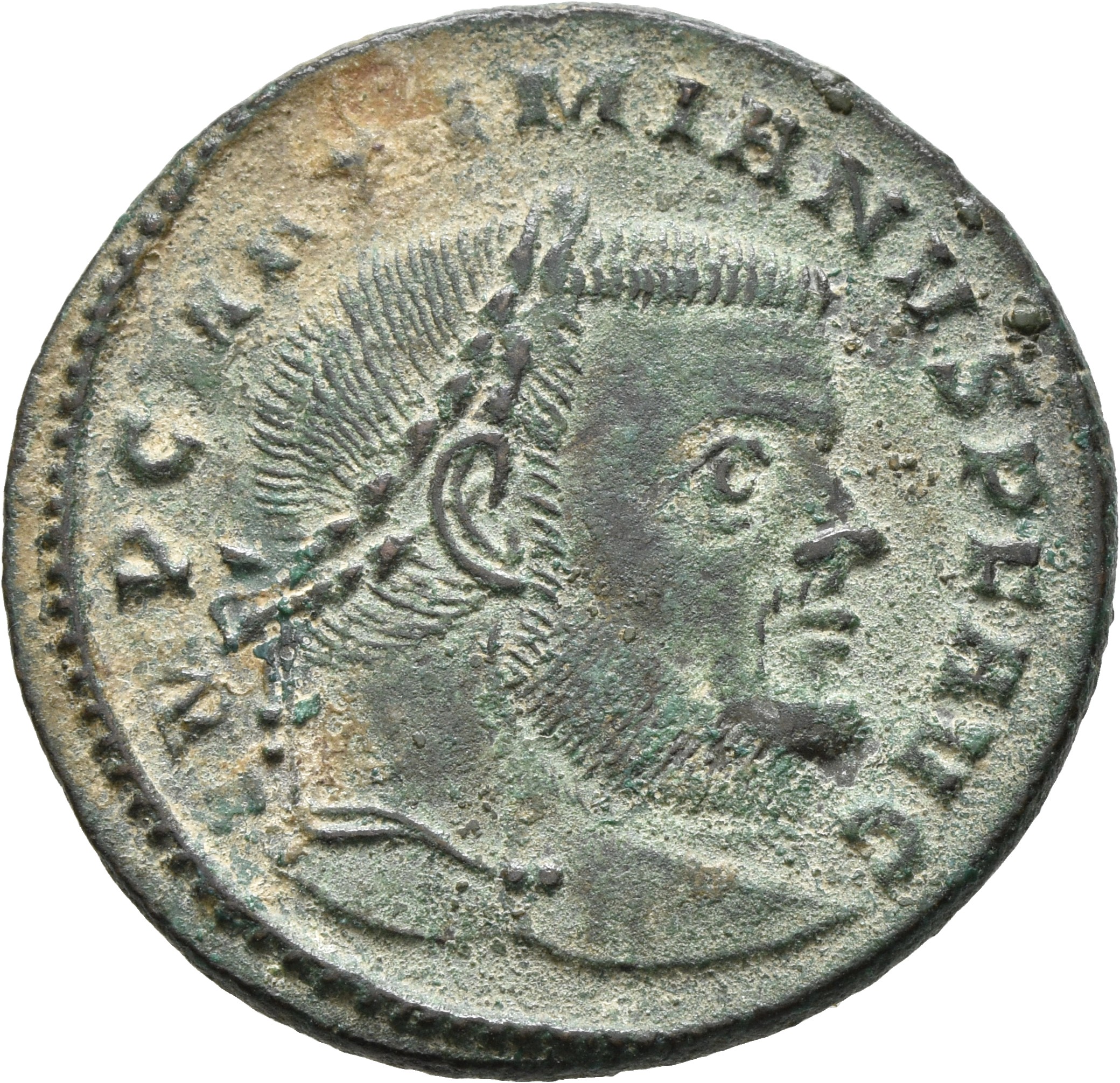 RIC VI Ticinum 92 Maxentius obverse, Head of Maximian, laureate, right