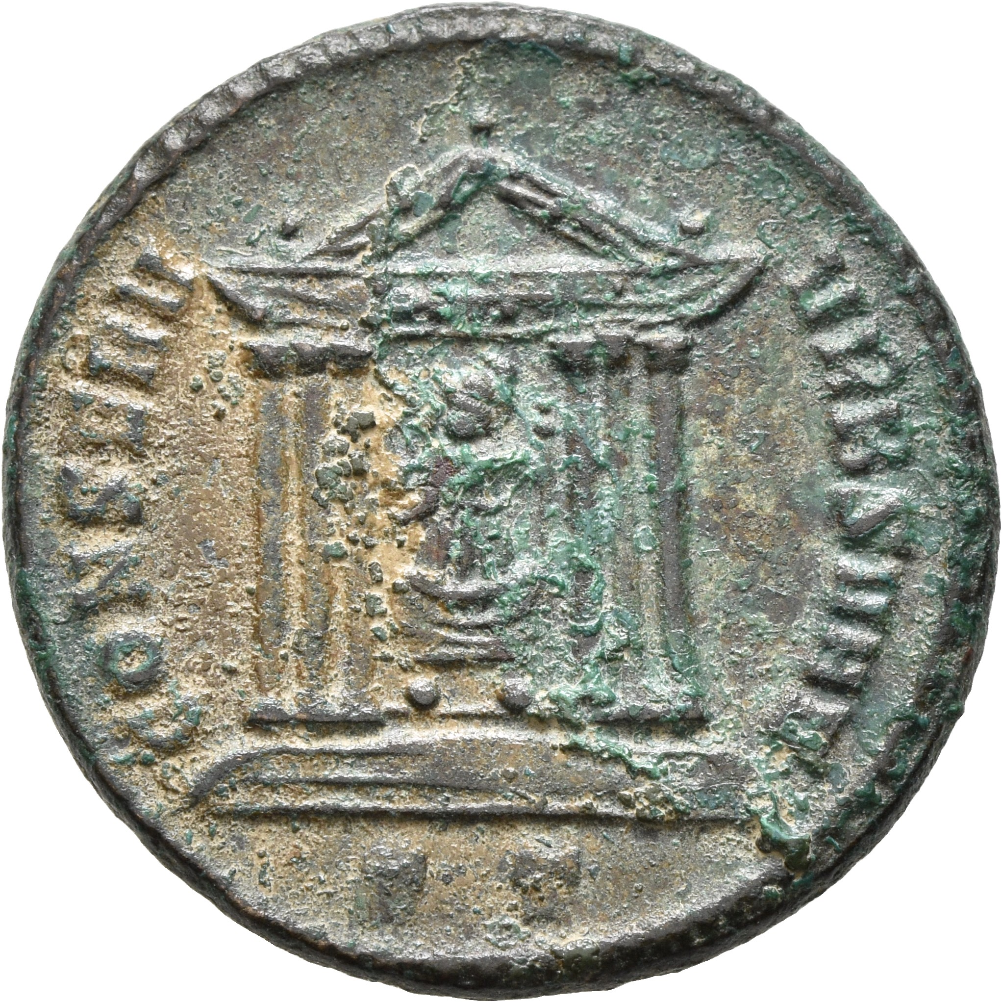 RIC VI Ticinum 92 Maxentius reverse, Roma, draped, seated front, head left, in hexastyle temple, holding globe in right ha...