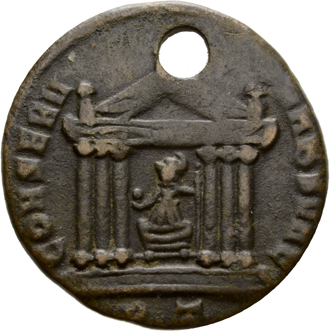 RIC VI Ticinum 95 Maxentius reverse, Roma, draped, seated front, head left, in hexastyle temple, holding globe in right ha...