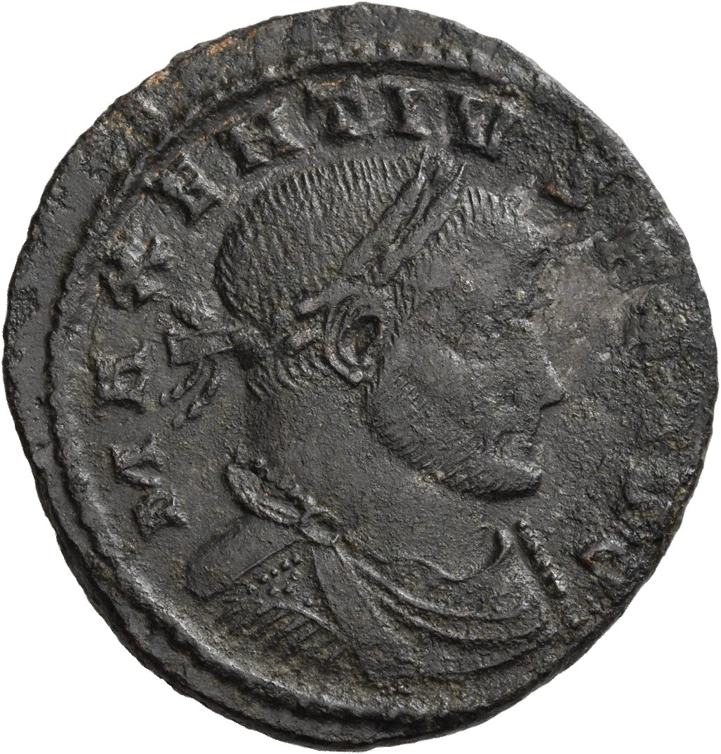RIC VI Ticinum 95 Maxentius obverse, Bust of Maxentius, laureate, draped, cuirassed, right