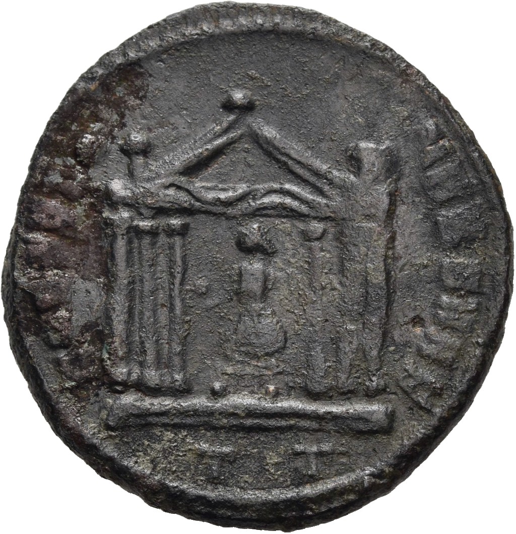 RIC VI Ticinum 95 Maxentius reverse, Roma, draped, seated front, head left, in hexastyle temple, holding globe in right ha...