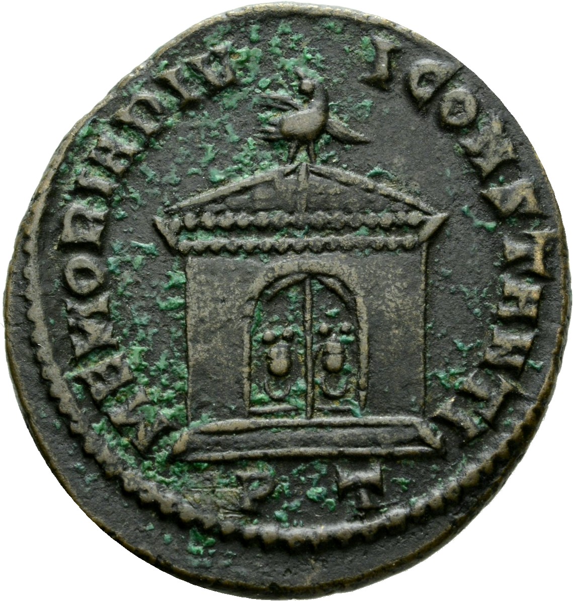 RIC VI Ticinum 97 Maxentius reverse, Eagle, standing right, spreading wings; standing on domed shrine, arched double-doors...