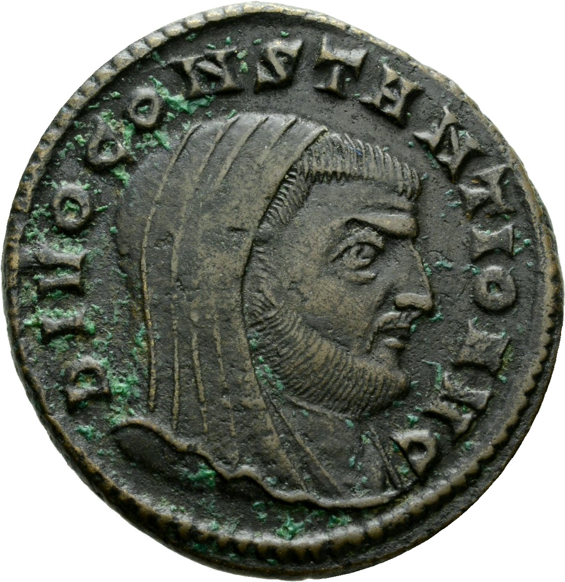 RIC VI Ticinum 97 Maxentius obverse, Bust of Constantius Chlorus, laureate, veiled, right