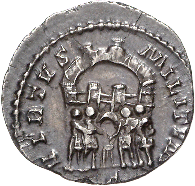 RIC VI Treveri 110b Maximian reverse — Diocletian, Maximian, Constantius Chlorus, and Galerius, draped, standing, sacrific...