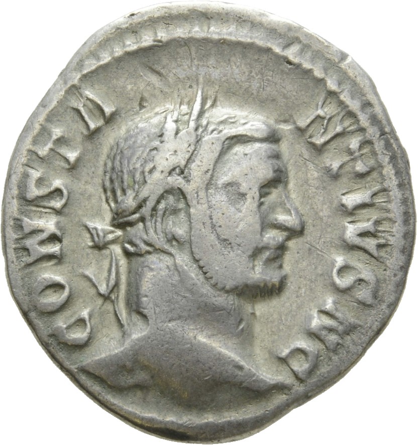 RIC VI Treveri 117a Maximian obverse, Head of Constantius Chlorus, laureate, right