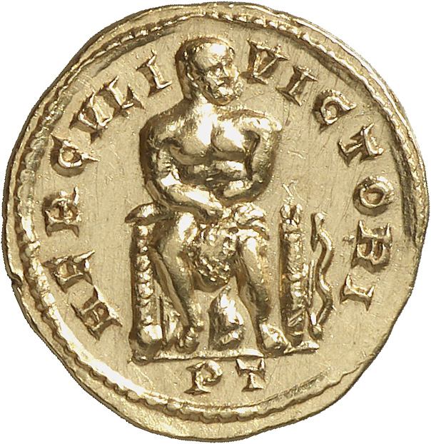 RIC VI Treveri 13 Maximian reverse, Hercules, seated front on chair, with lion's skin on lap; to right, bow